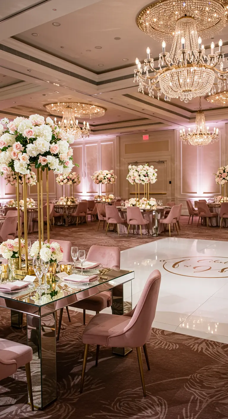 Luxe roze en gouden bruiloftsreceptie met hoge bloemstukken en spiegelende tafels.