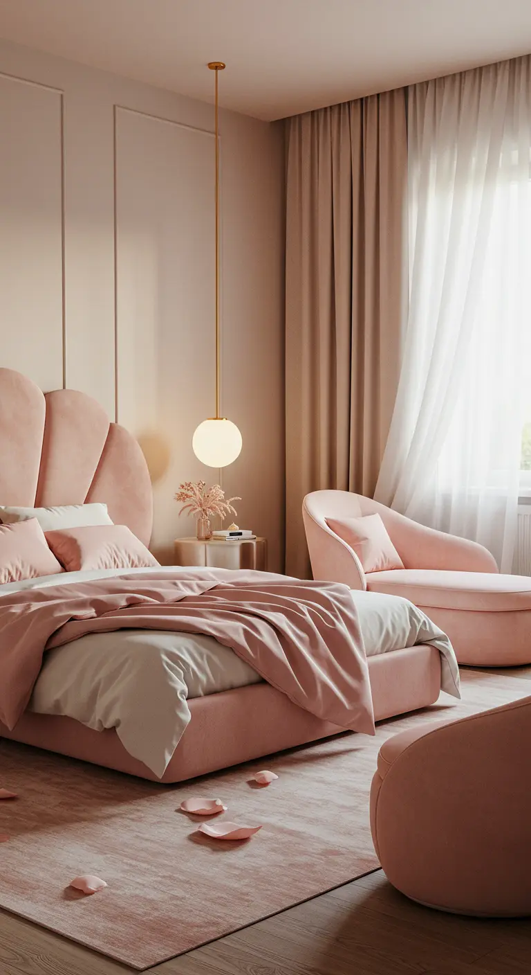 Roze slaapkamer met een schelpvormig hoofdbord en een bijpassende chaise longue.