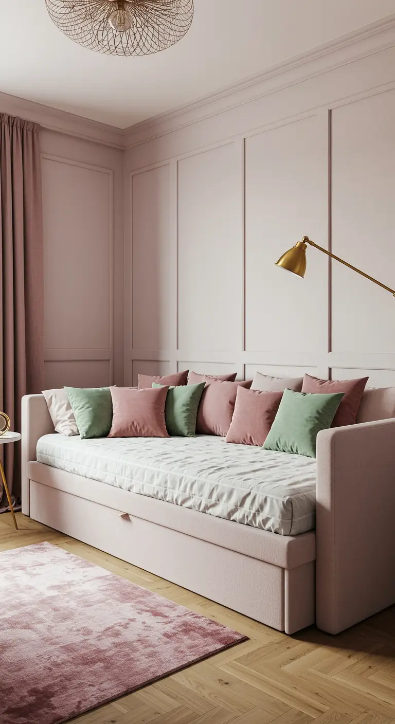 Elegante slaapkamer met een zachtroze daybed, veel kussens en gouden leeslamp.
