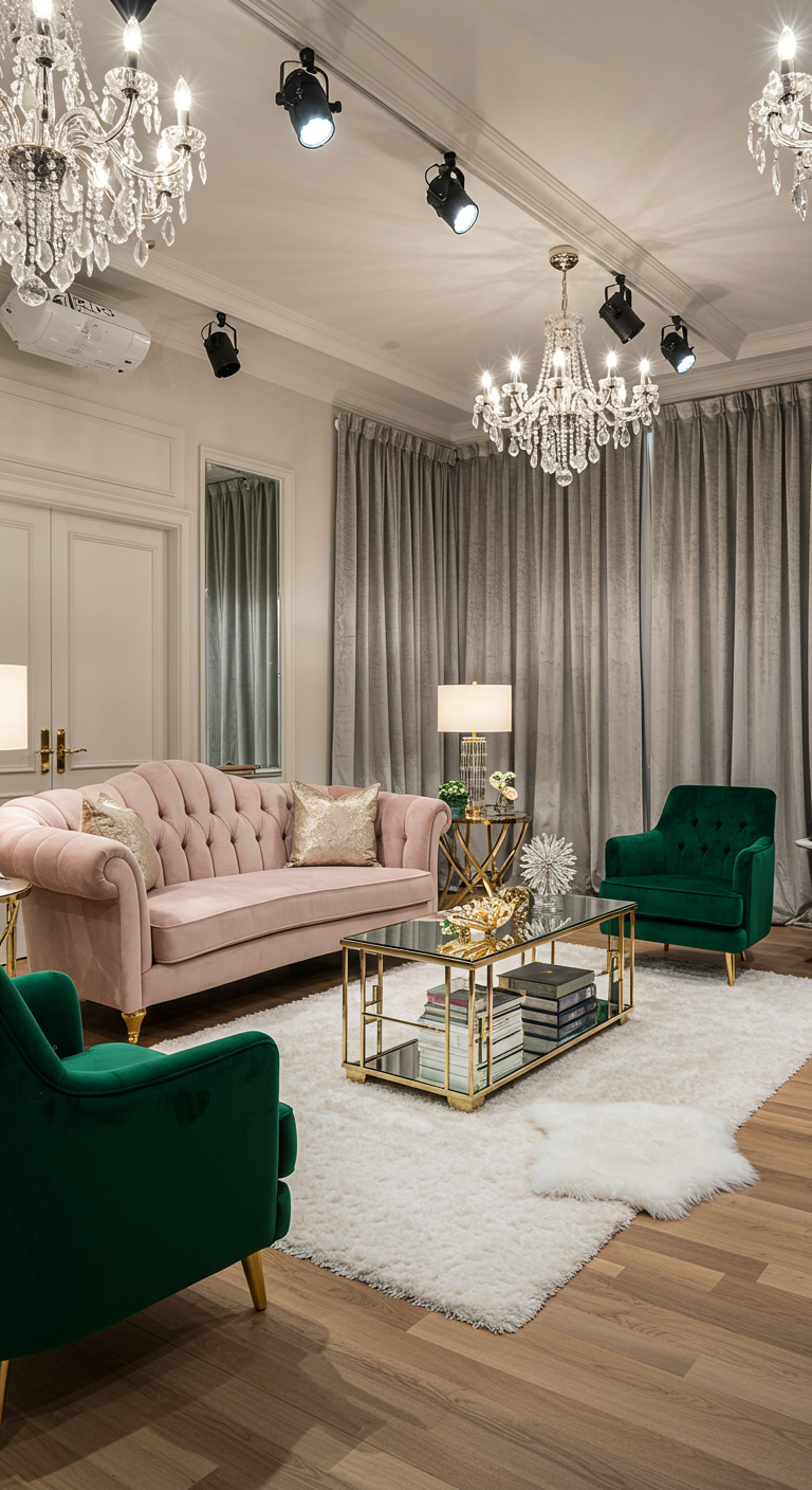 Roze fluwelen bank met smaragdgroene fluwelen fauteuils en kristallen kroonluchters.