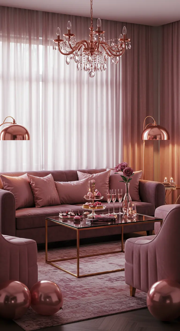 Luxe woonkamer in oudroze tinten met koperen accenten en een kroonluchter.