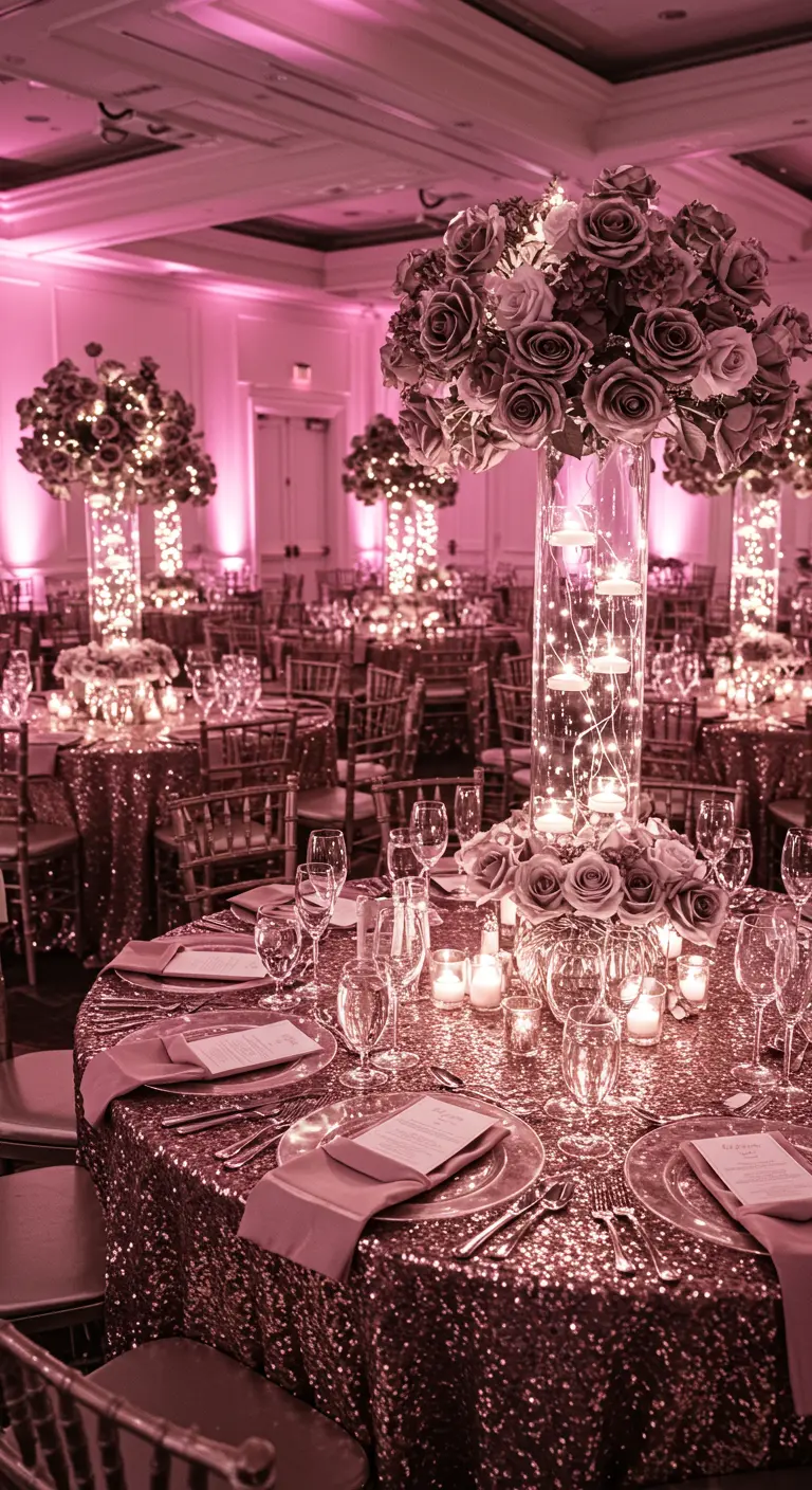 Gala setting met roze glitter tafelkleden, hoge rozenboeketten en roze verlichting.