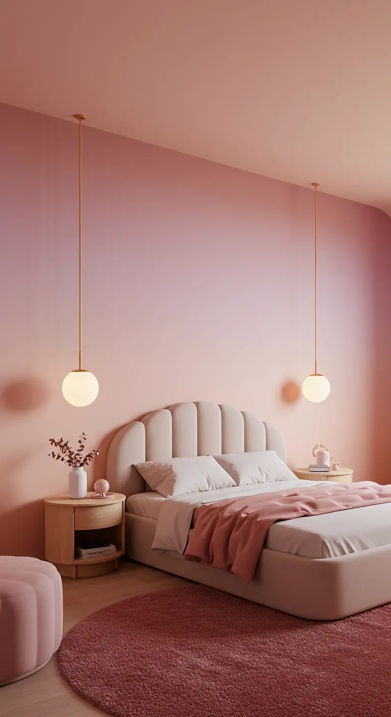 Slaapkamer met roze ombre muur, hangende bollampen en geribbeld hoofdbord.