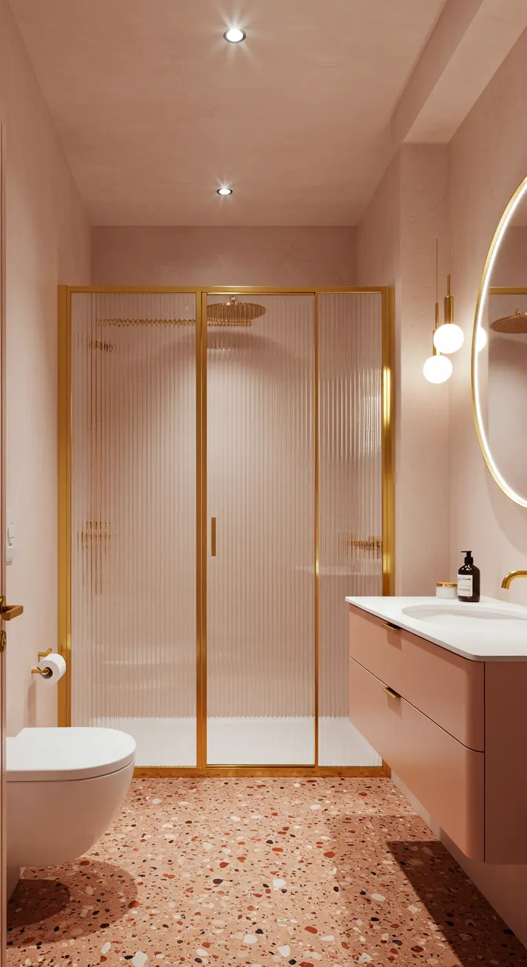 Roze badkamer met geribbeld glas in gouden frame en terrazzo vloer.