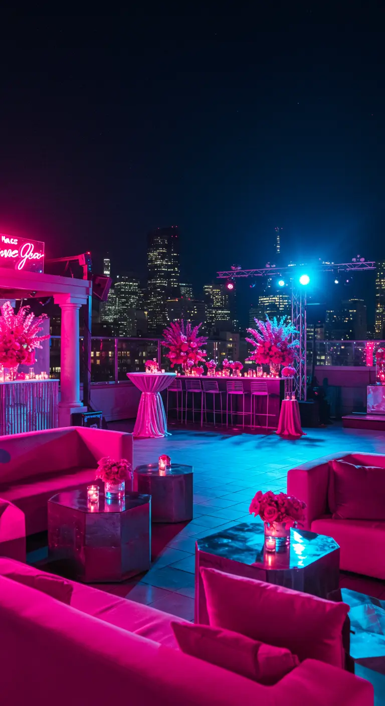 Rooftop party met roze en blauwe neon verlichting, loungebanken en uitzicht op de stad.