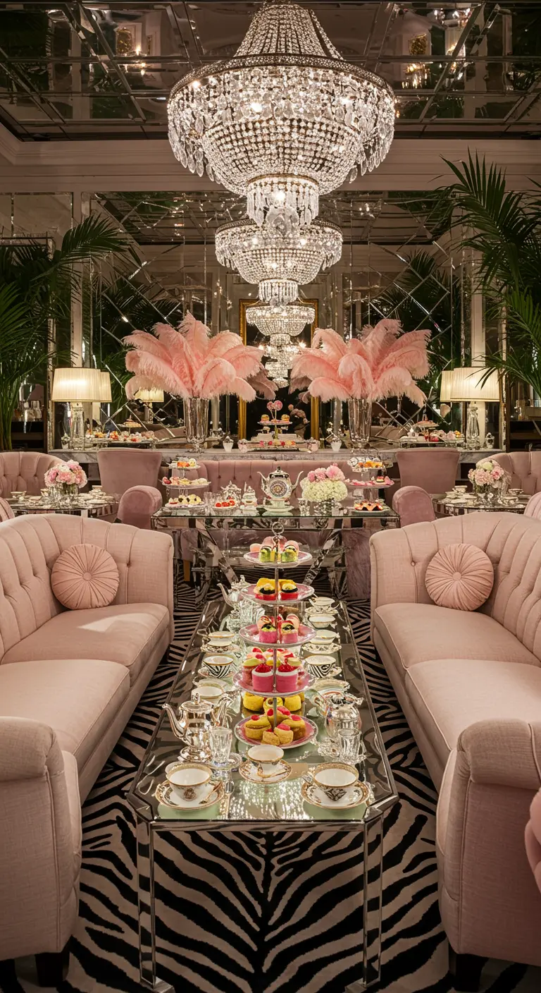 Extravagante high tea met roze fluweel, struisvogelveren, kroonluchters en spiegeldetails.