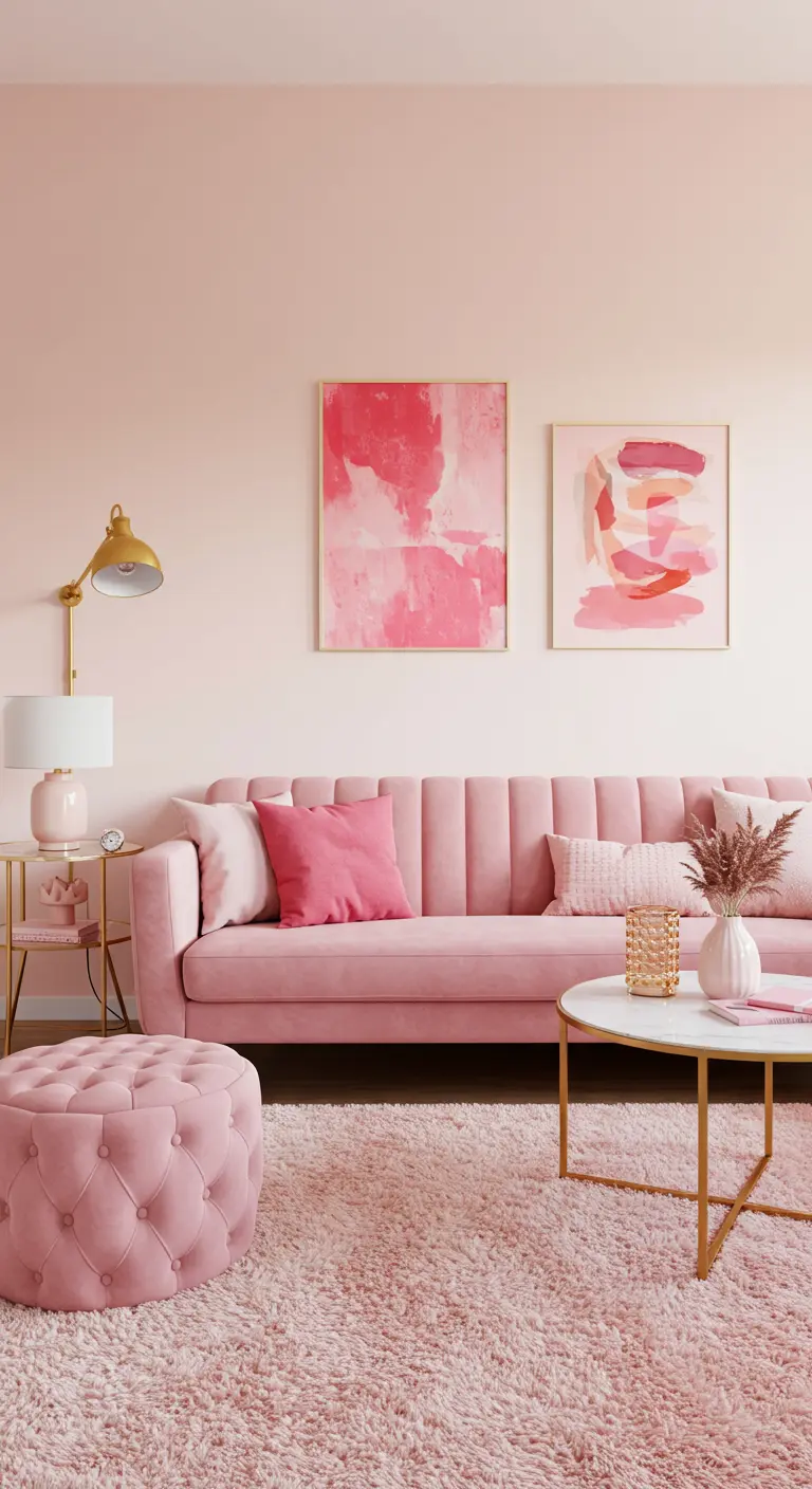 Moderne woonkamer in poederroze, oudroze en fuchsia accenten met gouden details.