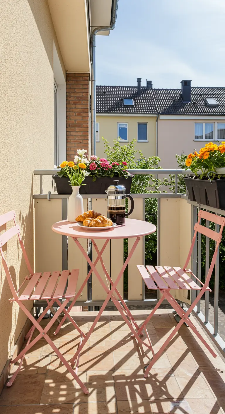 Klein balkon met roze bistroset, bloemen en uitzicht op daken.