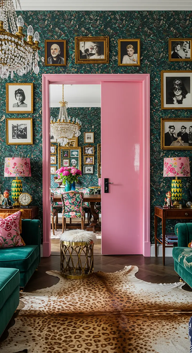 Felroze deur in een maximalistisch interieur met donkergroen behang met patroon en gouden accenten.