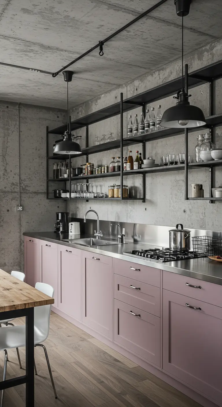 Keuken met zachtroze kasten, betonnen muren en RVS werkblad.