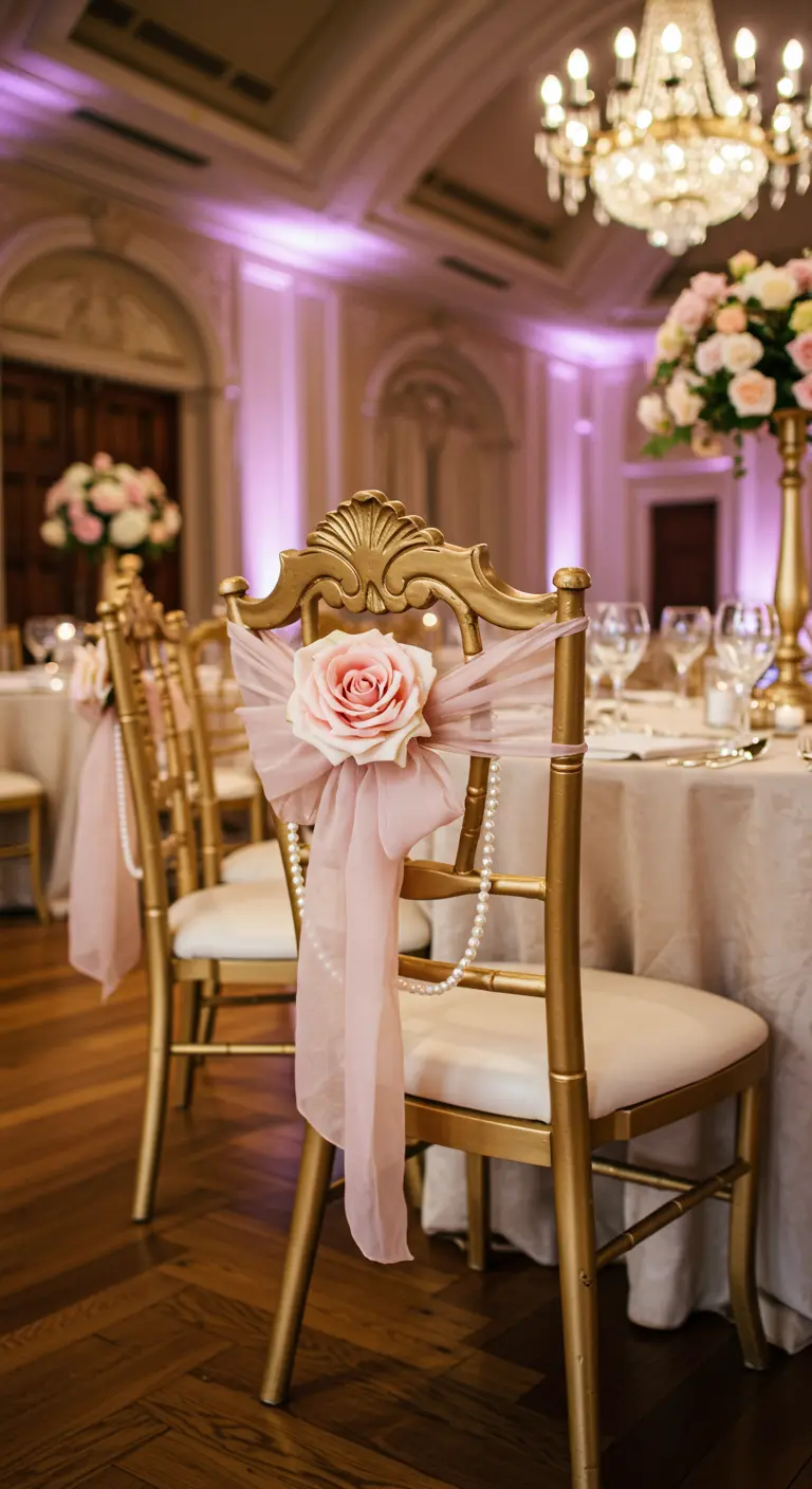 Gouden stoel versierd met roze tule, een grote roze roos en een parelsnoer.