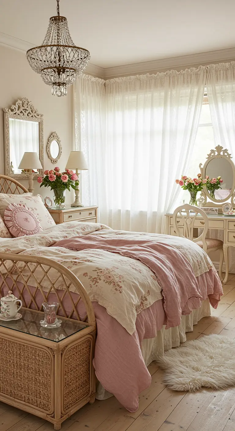 Romantische slaapkamer met roze accenten, rotan bed, vintage spiegels en kroonluchter.