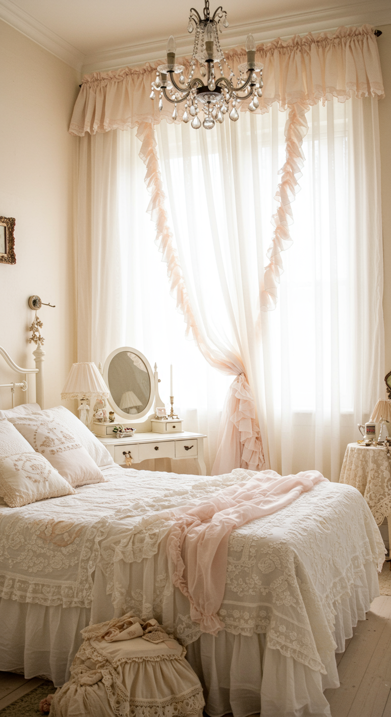Romantische slaapkamer met witte vitrage met zachtroze ruches.