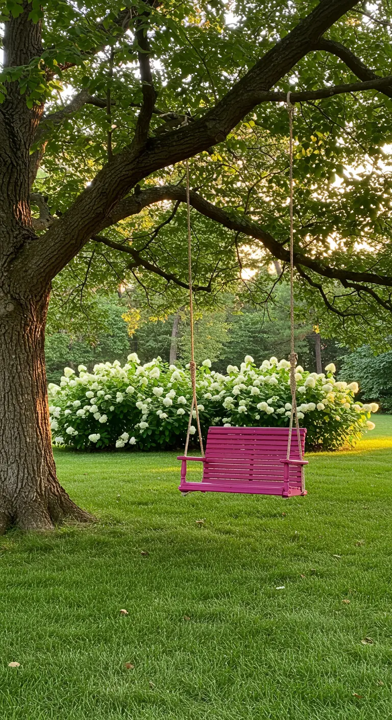 Felroze houten schommelbank hangend aan een boom in een groene tuin met witte hortensia's.