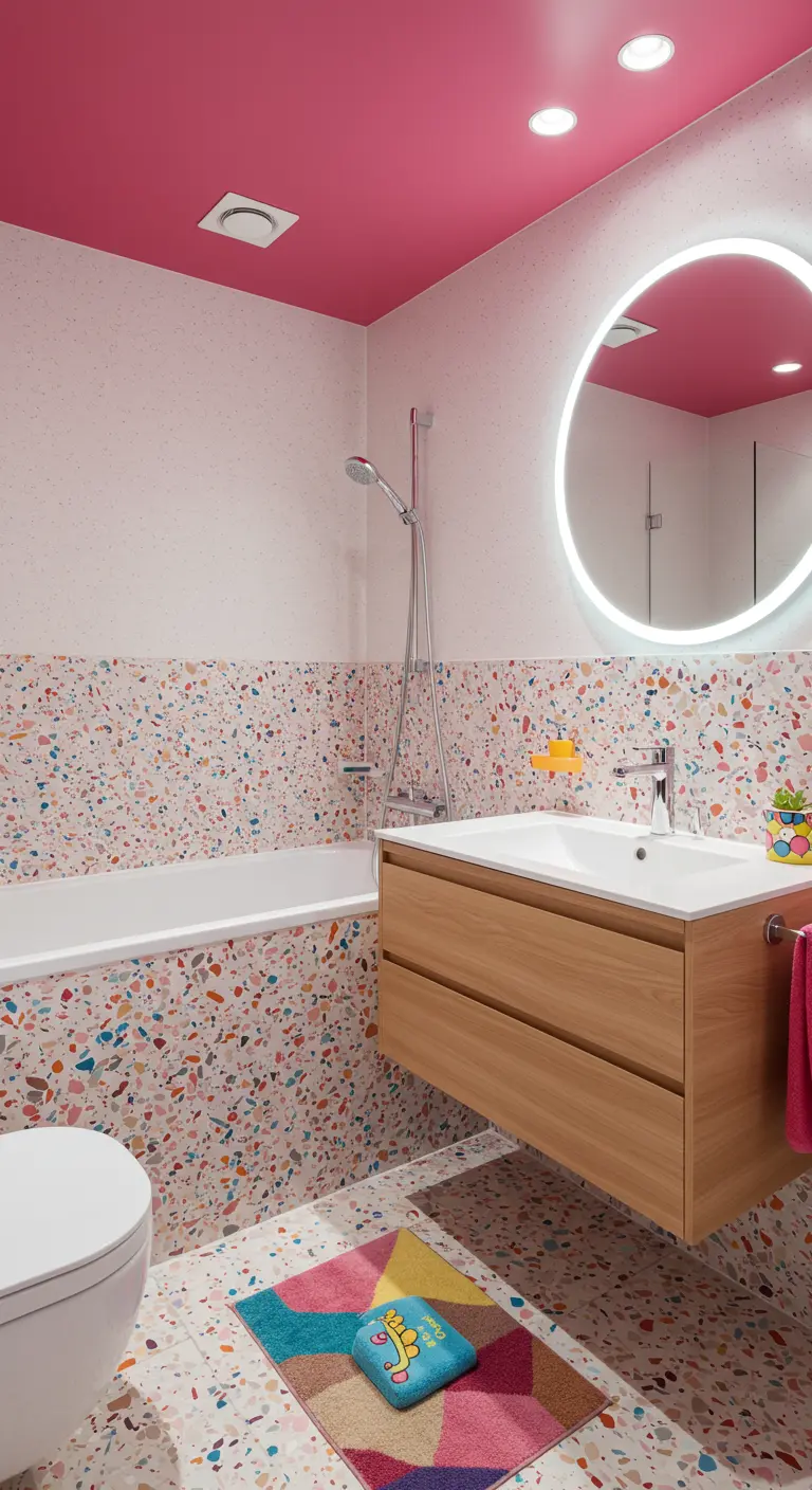 Badkamer met felroze plafond en kleurrijke terrazzo tegels.