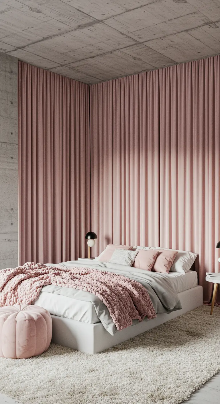 Slaapkamer met betonnen muren en plafond, volledig omhuld door roze gordijnen.