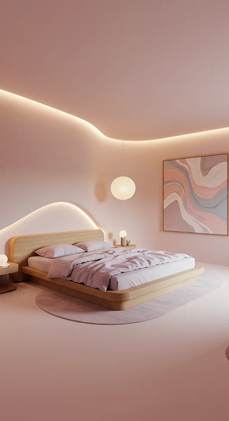 Moderne roze slaapkamer met afgerond hoofdbord en indirecte LED-verlichting.