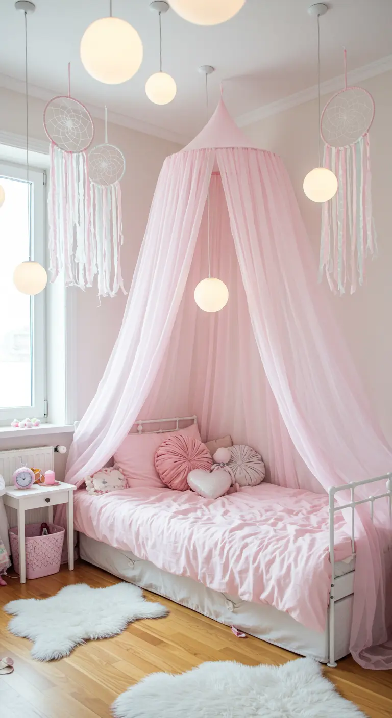Roze meisjeskamer met roze luifelbed, witte dromenvangers, ronde hanglampen en zachte vloerkleden.