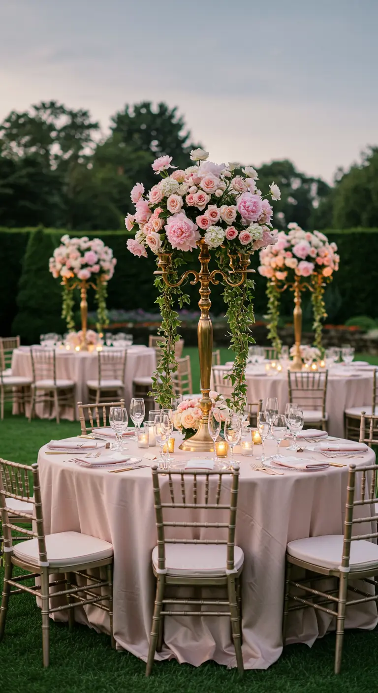 Ronde bruiloftstafel met hoog roze bloemstuk op gouden standaard.