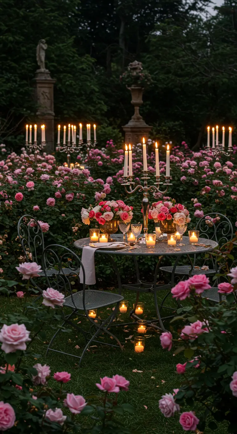 Eettafel in rozentuin met veel kaarsen en gouden kandelaren.