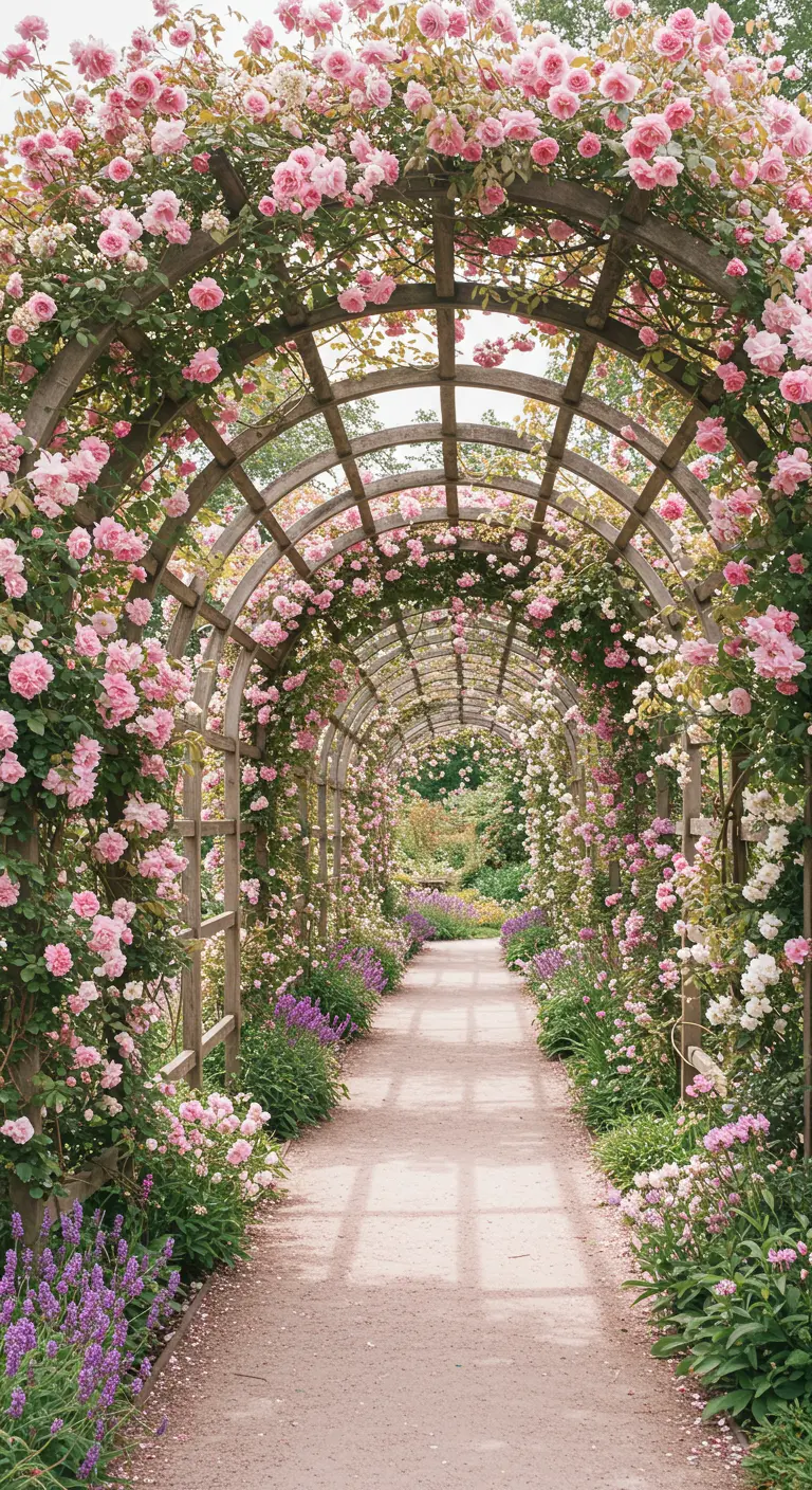 Houten pergola bedekt met roze klimrozen, stenen pad, lavendel.