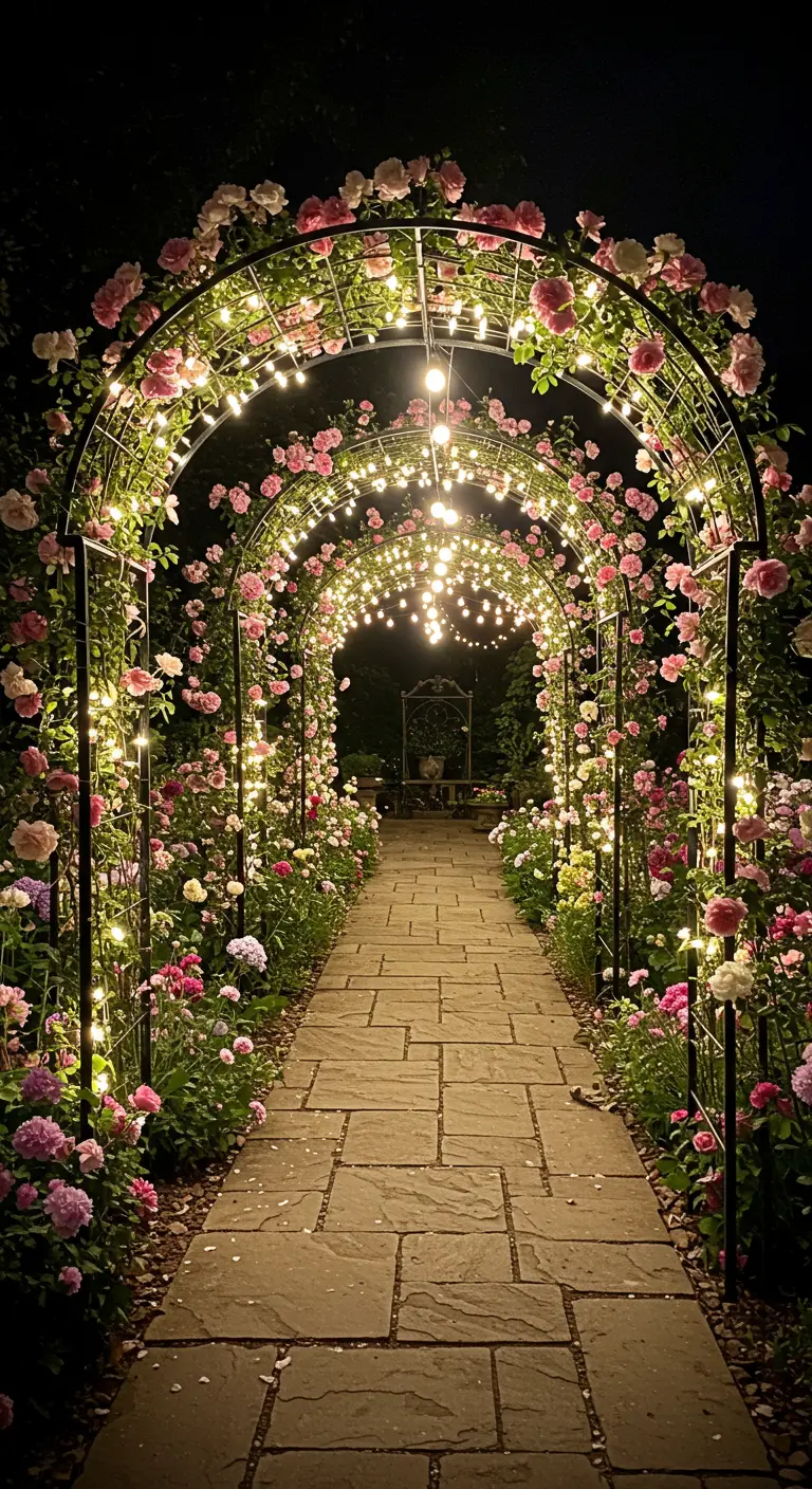 Tuinboog overdekt met roze klimrozen en fairy lights, die een pad verlichten in een tuin.