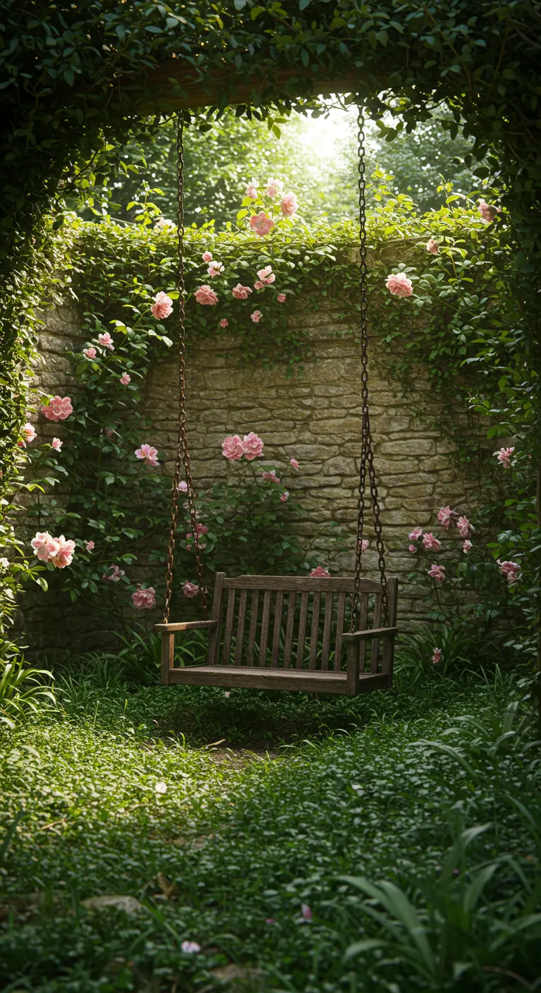 Houten schommelbank in een groene tuin met rozen en een stenen muur.