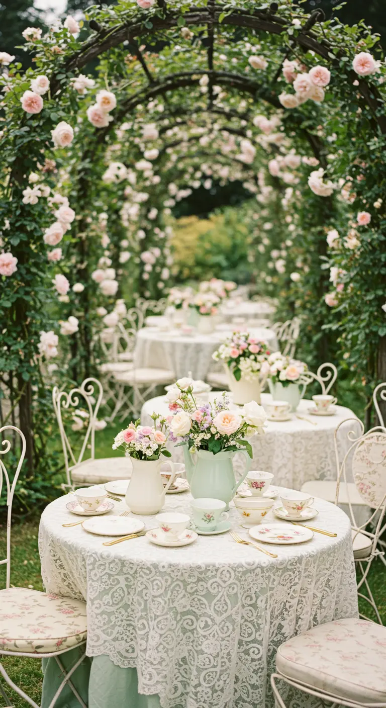 Thee-setting onder een rozenboog met ronde tafels, kanten kleedjes en vintage servies.