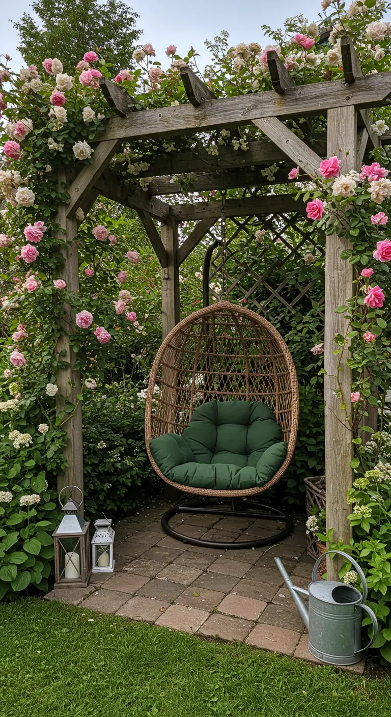 Rotan hangstoel onder een met rozen begroeide pergola in een romantische tuin.