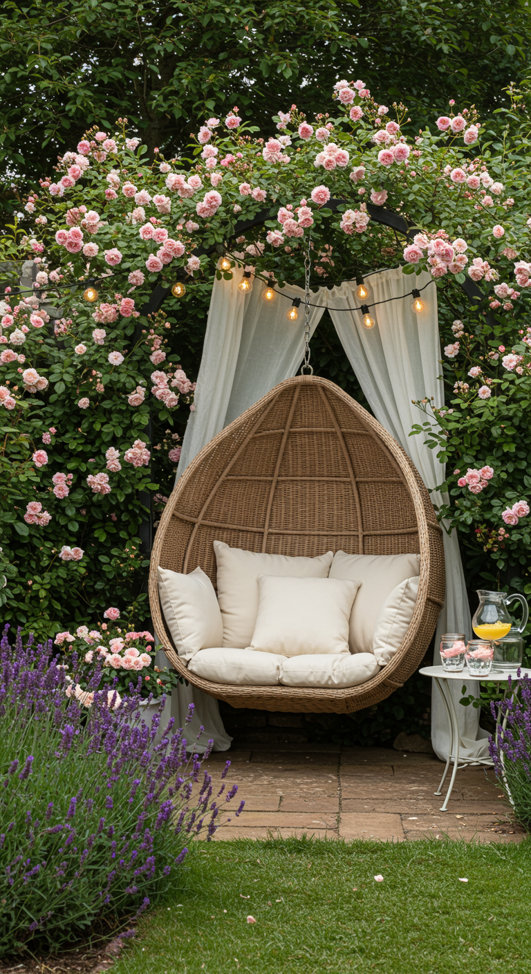 Rotan egg chair met witte kussens tussen roze rozenstruiken en lichtsnoer.