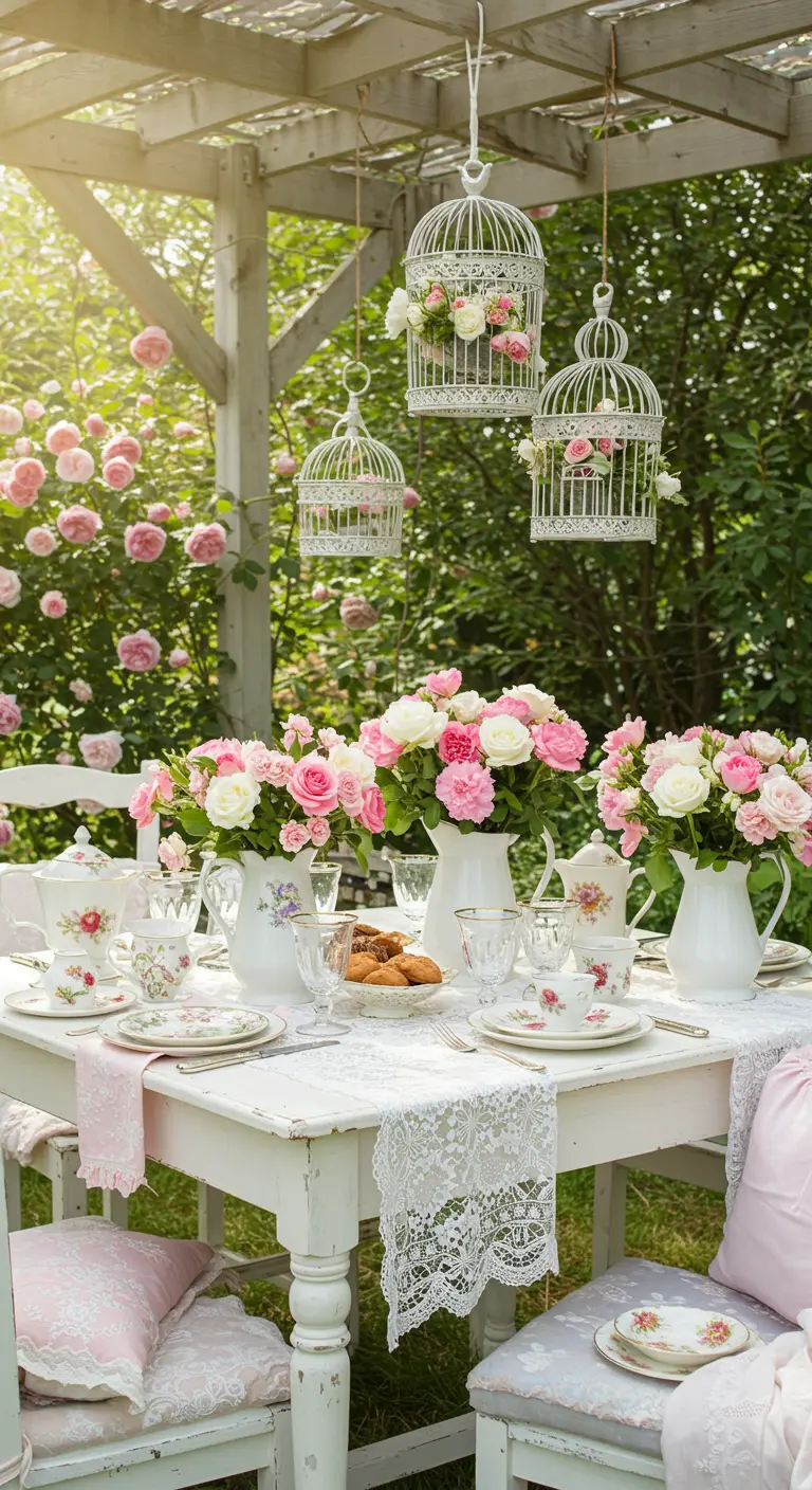 Romantische tuintafel met roze rozen, vogelkooitjes en kanten details.