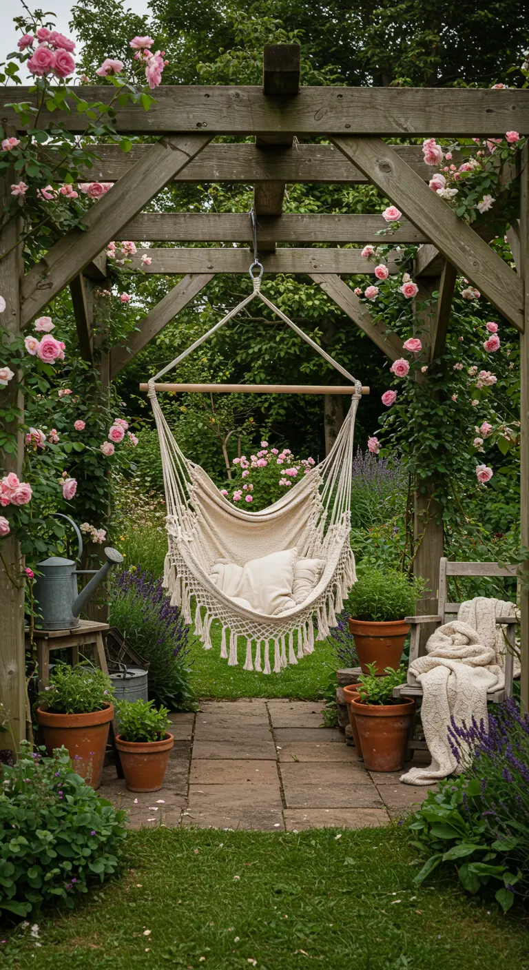 Crèmekleurige macramé hangstoel onder houten pergola met roze rozen en lavendel.