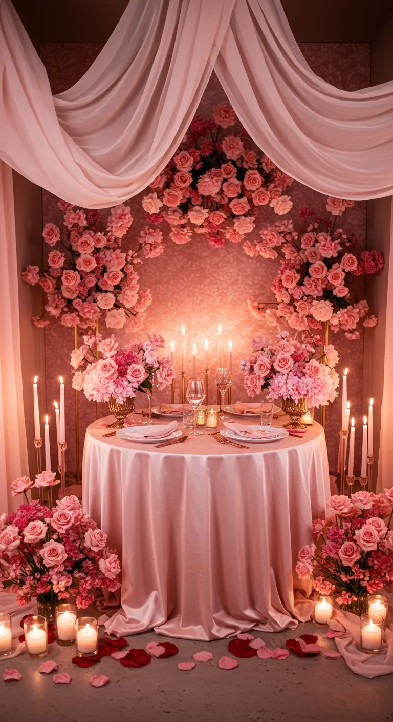 Romantische roze dinertafel voor twee met bloemen, kaarsen en draperieën.