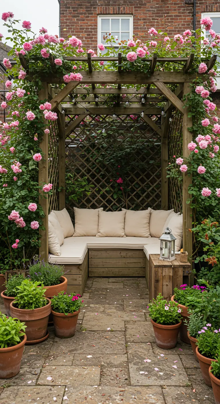 Houten pergola met roze klimrozen en ingebouwde houten bank met beige kussens, omringd door potplanten.