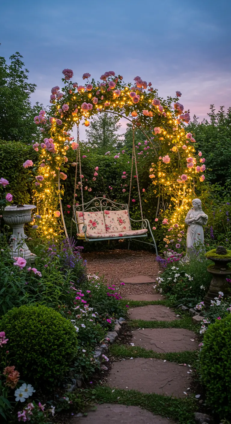 Romantische tuin met schommelbank onder rozenboog verlicht met lichtsnoer, omringd door bloemen.