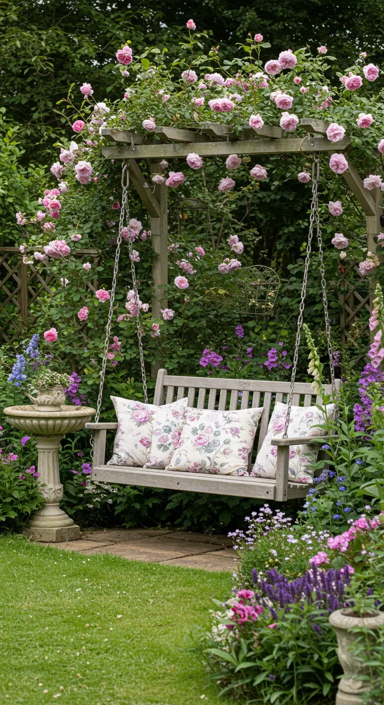 Houten schommelbank onder een rozenboog met kussens met roze bloemenprint in een cottage tuin.
