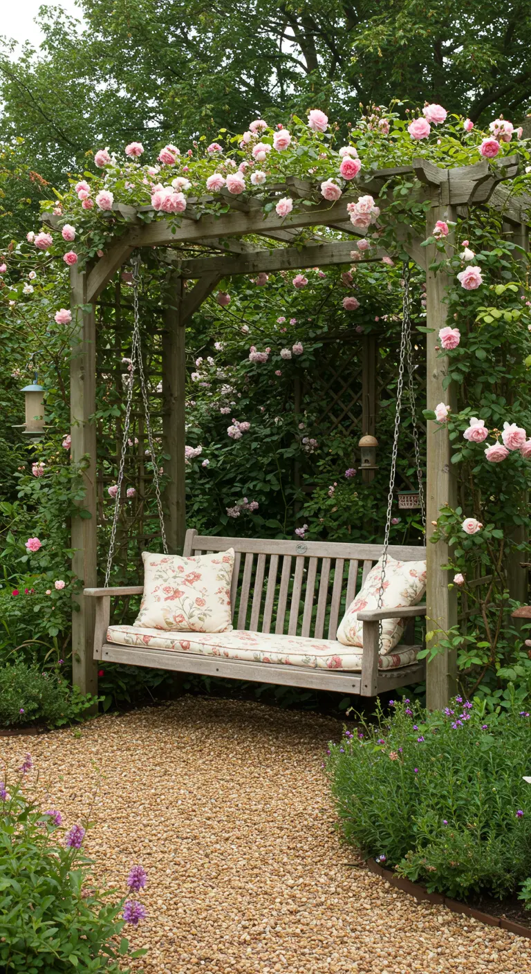 Houten schommelbank onder een pergola overgroeid met roze rozen.