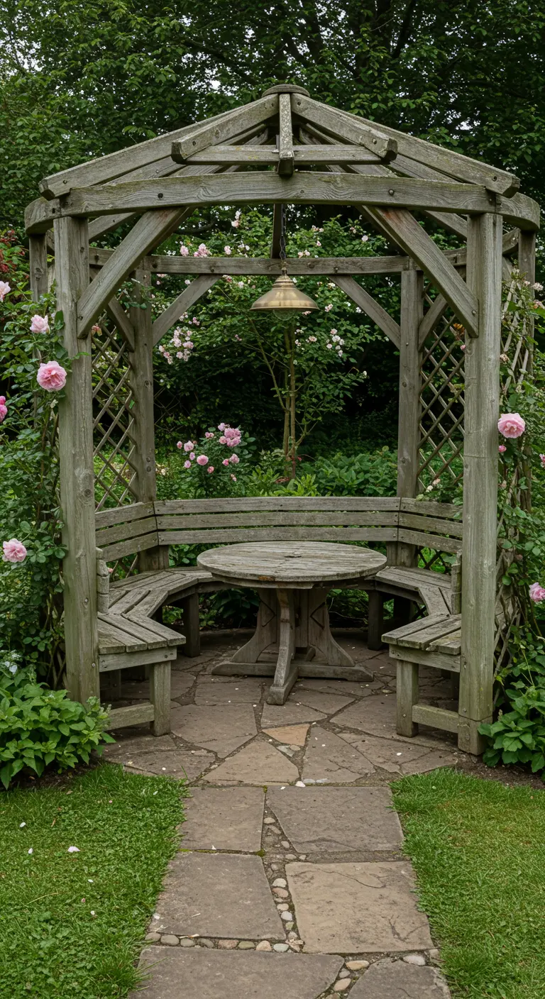 Houten gazebo met ronde bank en tafel, omgeven door bloeiende rozenstruiken en groen.
