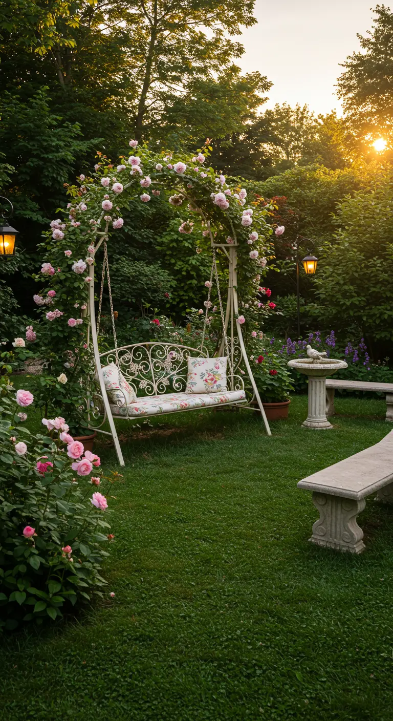 Witte metalen duo-schommelbank in rozentuin met bloemenkussens en tuinlantaarns.