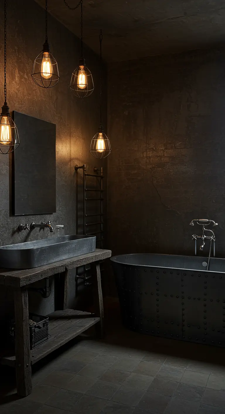 Industriële donkere badkamer met draadlampen, betonnen wasbak en metalen badkuip.