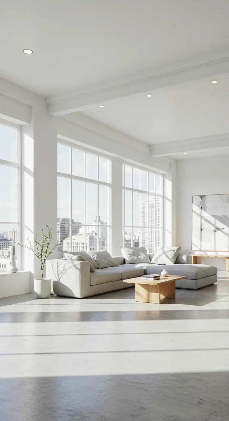 Grote, lichte woonkamer met panoramische ramen, minimalistisch interieur in lichte tinten.