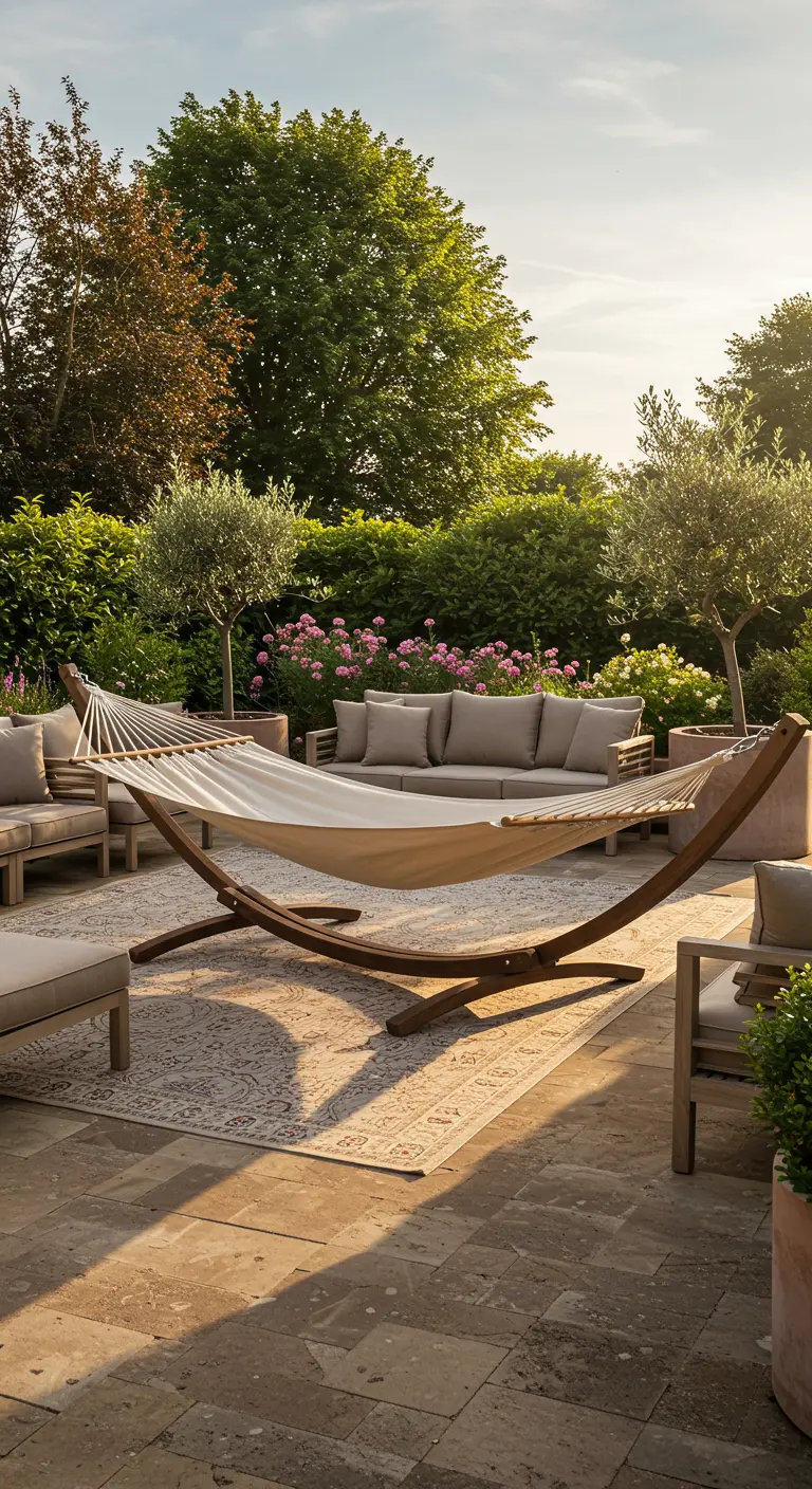 Witte hangmat op houten standaard op een ruim terras met moderne loungeset en olijfbomen.