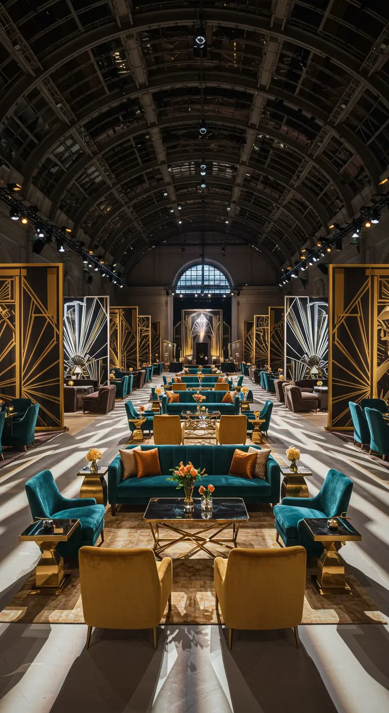 Grote zaal met teal en gouden loungegroepen en art-deco decorelementen.