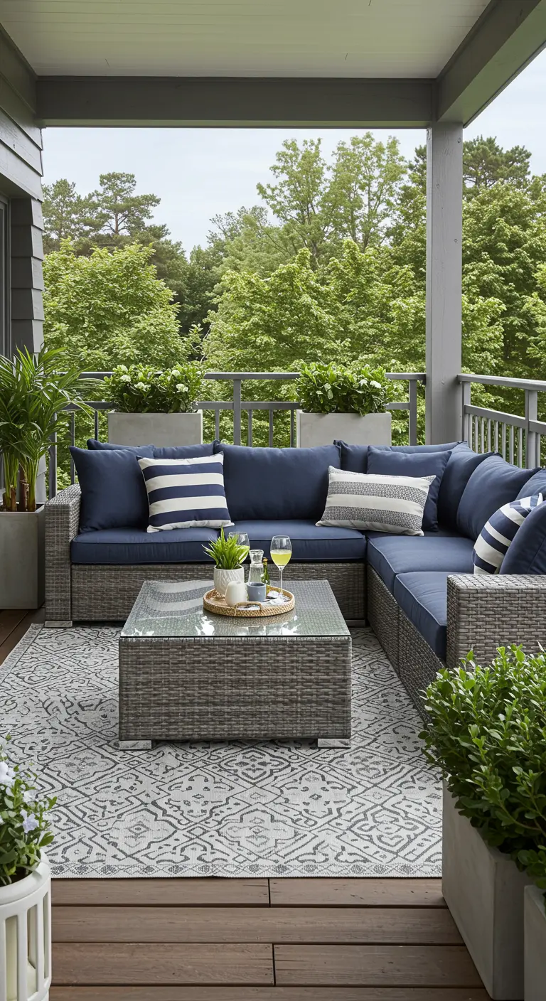 Grijze rieten loungeset met marineblauwe kussens op een buitentapijt op een ruim balkon.