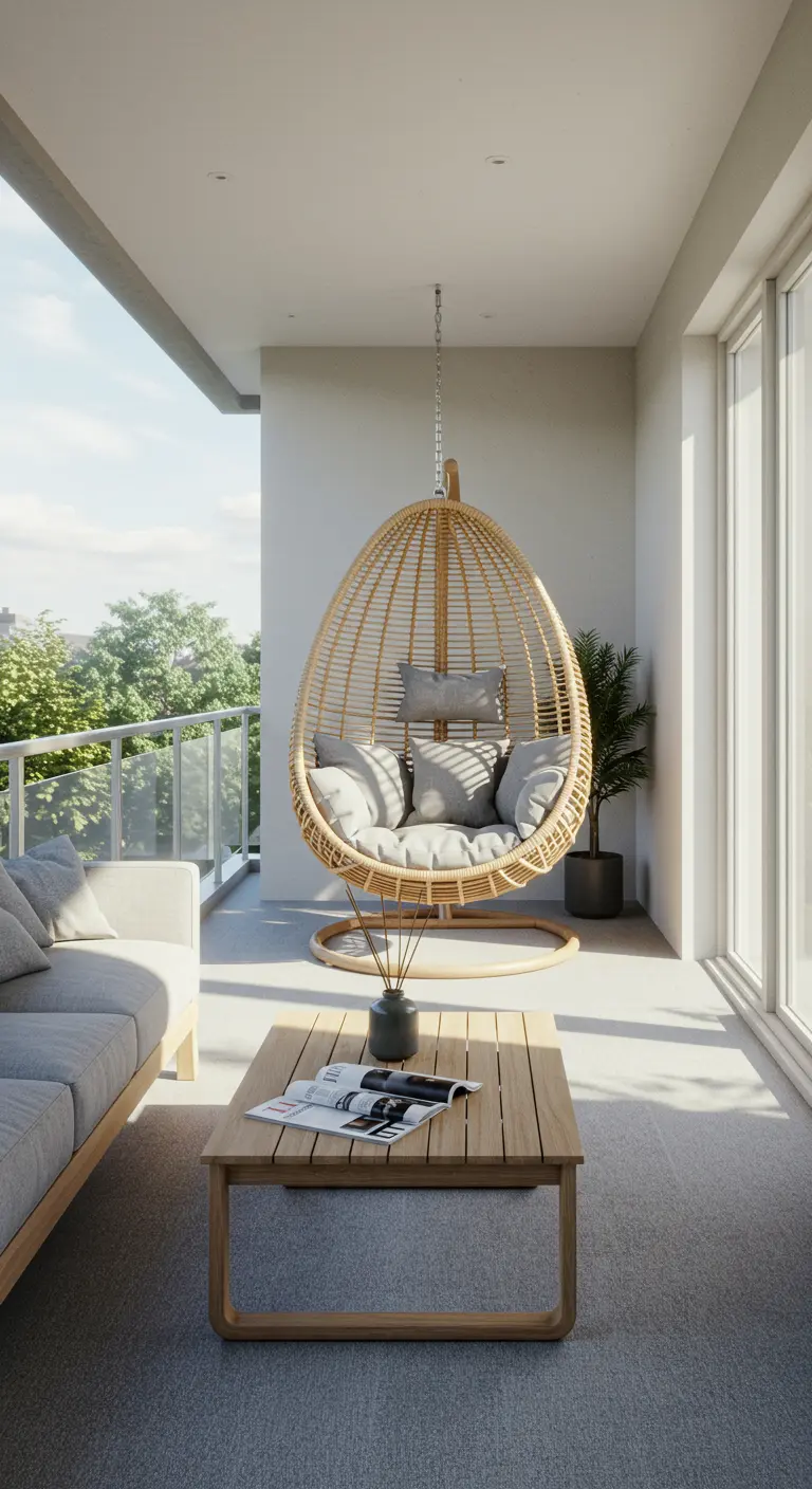 Grote rieten hangstoel met grijze kussens in een ruime, lichte woonkamer die doorloopt naar een balkon.