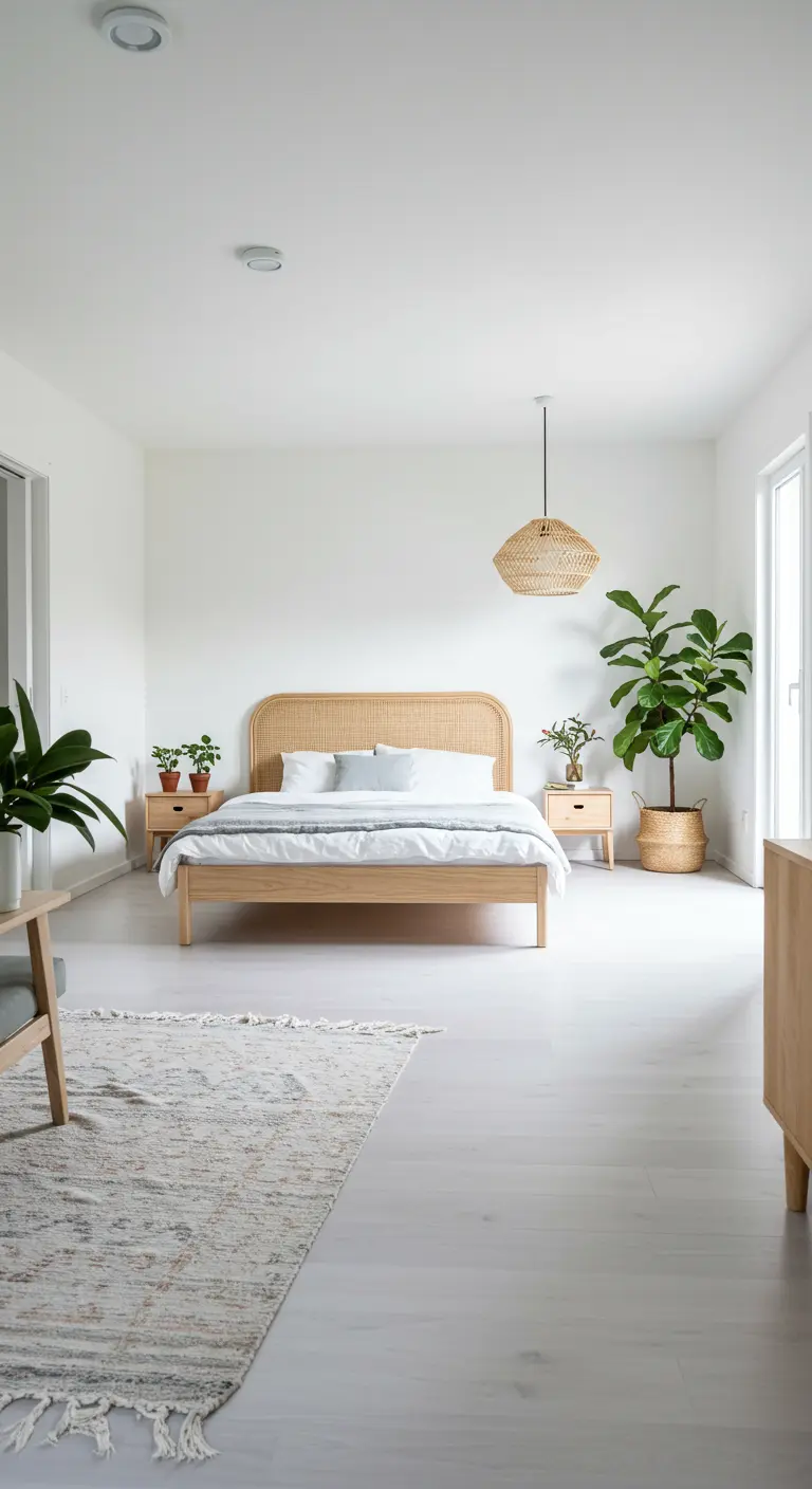 Zeer lichte, open slaapkamer met houten bed, rotan hoofdbord en grote vloerplant.