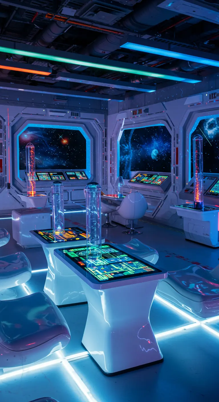 Futuristische ruimte in ruimteschip-stijl met oplichtende tafels, witte meubels en zicht op de ruimte.