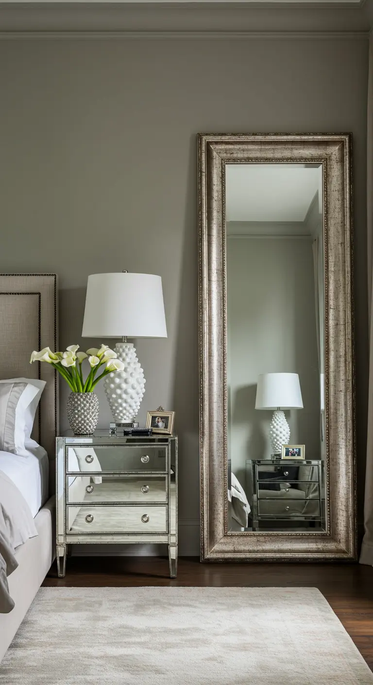 Slaapkamer met een grote, elegante passpiegel naast een gespiegeld nachtkastje.
