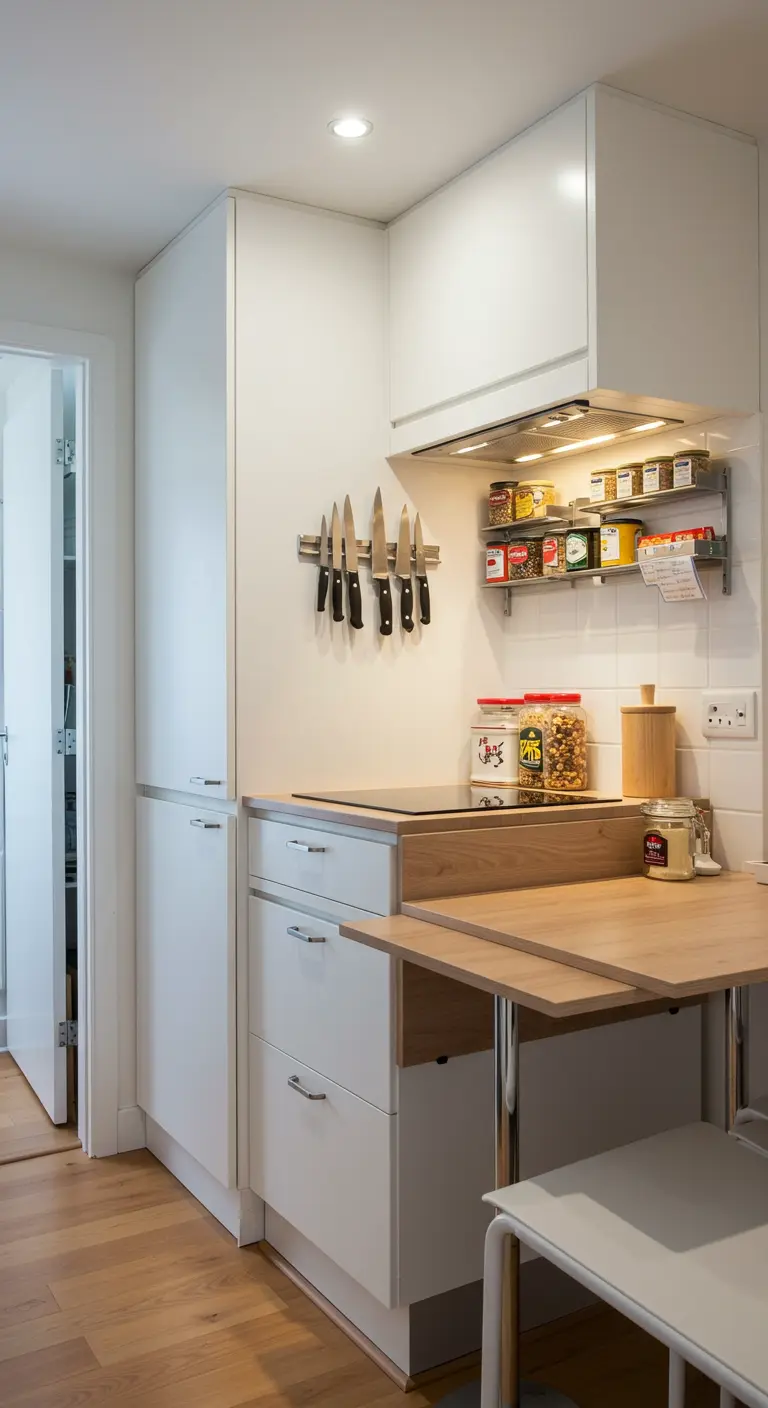 Compacte witte keuken met een houten uitklapbare eettafel aan de muur gemonteerd.