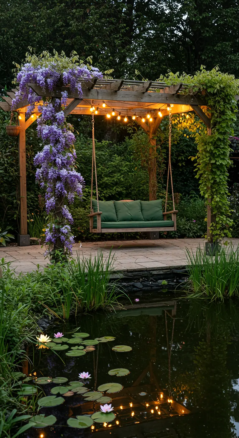 Houten pergola met paarse wisteria, schommelbank, vijver met waterlelies en weerspiegelende lichtslingers.